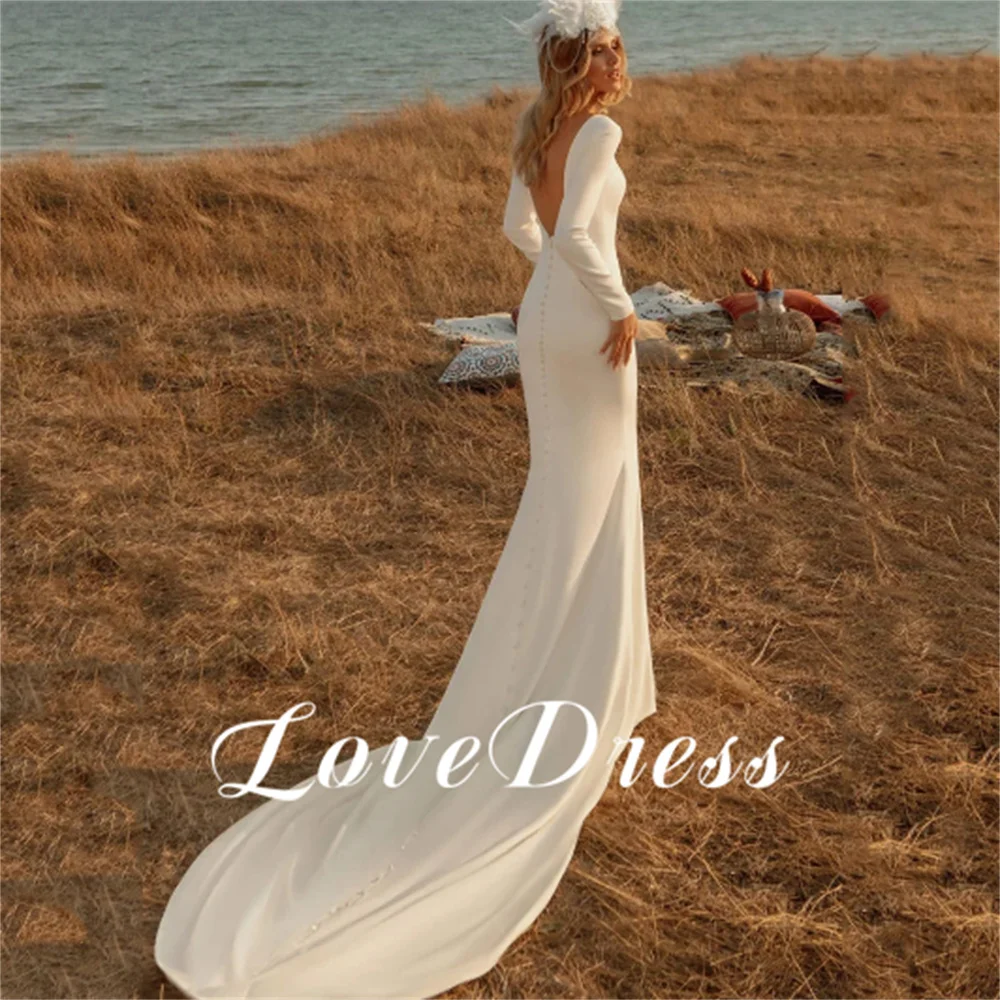 LoveDress-Vestido De Novia De sirena De manga larga para mujer, elegante Vestido De Novia De satén con cuello alto, Espalda descubierta, tren De corte Simple