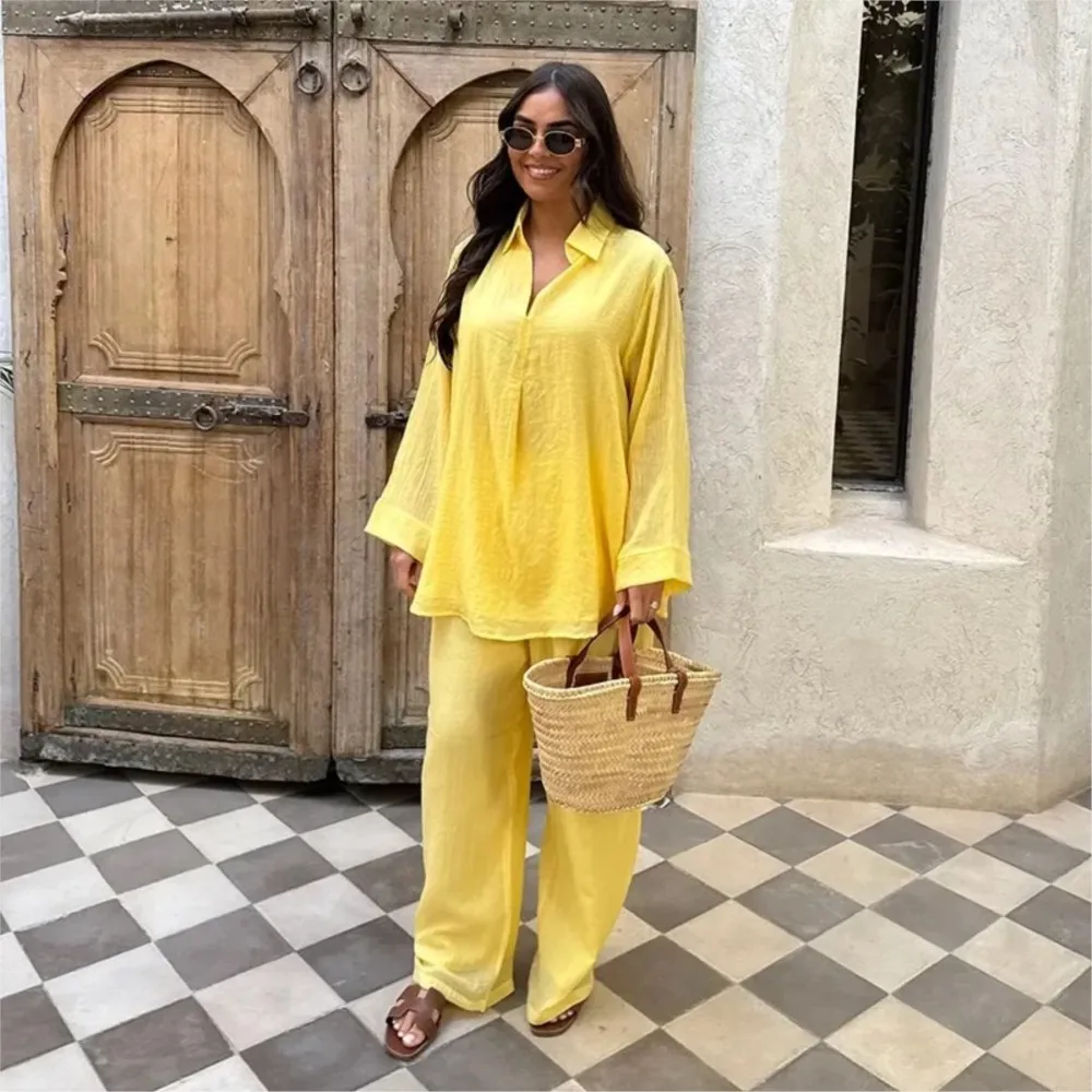 2025 Nuova Primavera Autunno Vestito delle Donne Con Scollo A V Moda Camicetta A Maniche Lunghe + Pantaloni a Gamba Larga Temperamento Camicia Pendolare Set a Due Pezzi