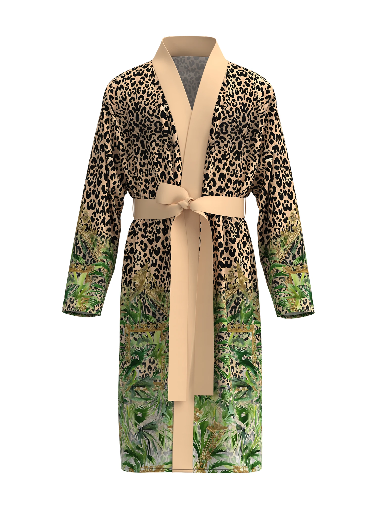 

Elegant wild jungle print men's kimono robe, leopard print gradient long home bathrobe