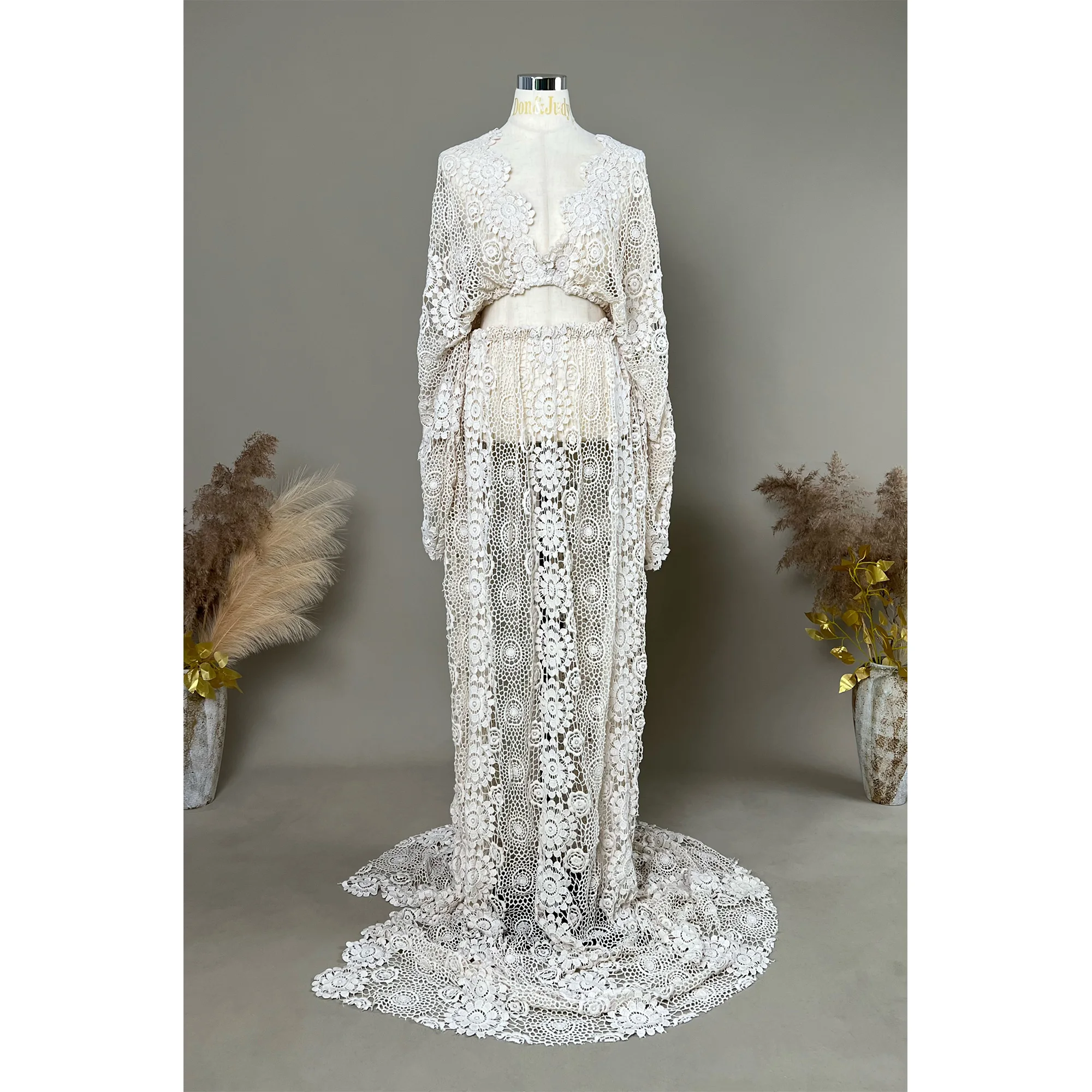 

Don&Judy Boho Maternity Wedding Dress Two Pieces Gown Embroidery See Through Rustic Pregnancy Women Babyshower Photo Shoot Maxi