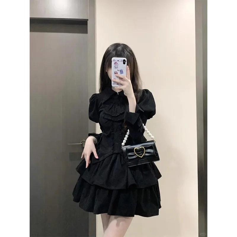 Japanese Subculture Gothic Halloween Lapel Long Sleeve High Waist Slim Fit Black Sweet Cool Girl Lolita Short Dress Women Autumn