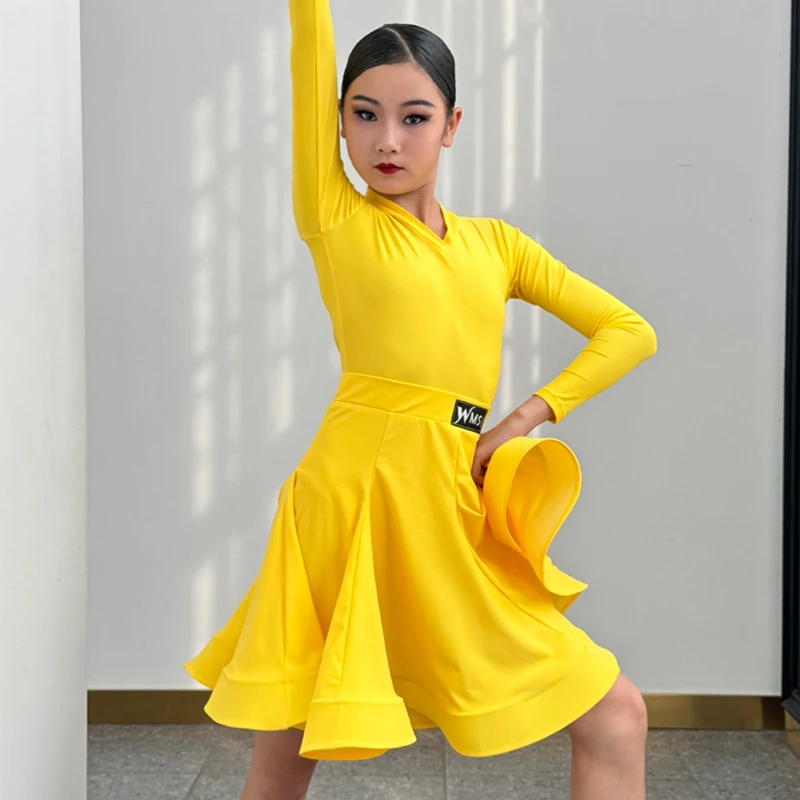 Robe de concours de danse latine pour filles, manches longues, col en V, vêtements d'entraînement professionnel, Cha Cha Rumba, robe de spectacle DNV23056