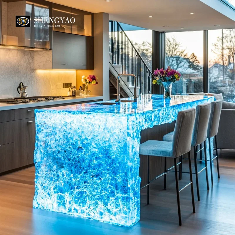 custom.Modern Rose Quartz Texture Illuminationd LED Bar Counter Transparent Glowing Home Bar Apartment Table