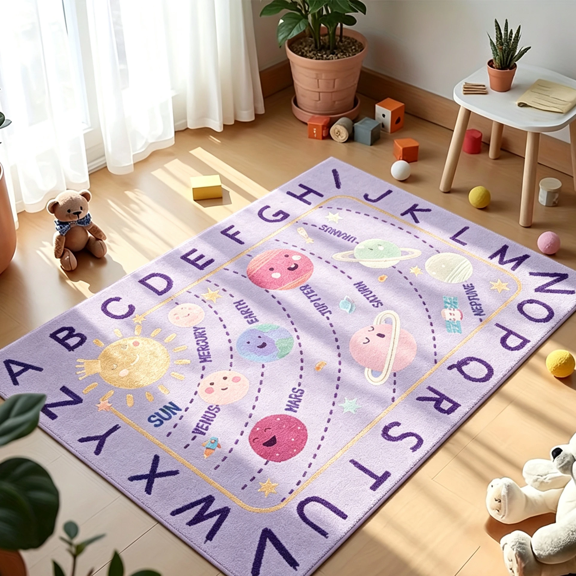 Educational Printed Decorative Rug Cartoon Planet Sun Star Graphic Pattern Floor Carpet Indoor Living Space Bedroom Study Room