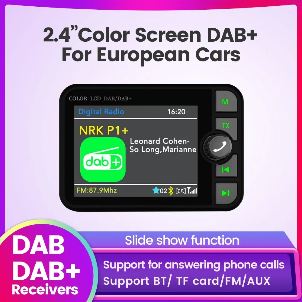 DAB Radio Receiver in Car with 2.4'' Screen GPS Stereo Sound Digital Signal Antenna Broadcast Adapter AUX TF Card FM Transmitter