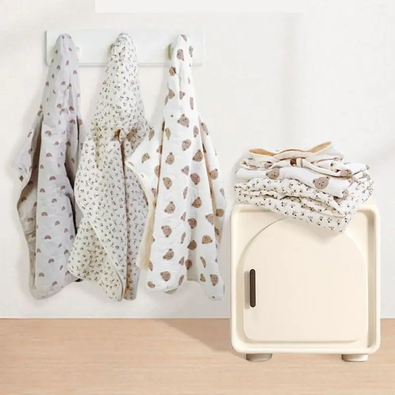 581F Child Shower Towel Gauze-Cotton Baby Bathrobe Print Hooded Blanket for Infant Newborn Bath Towel Shower Gift 24’’