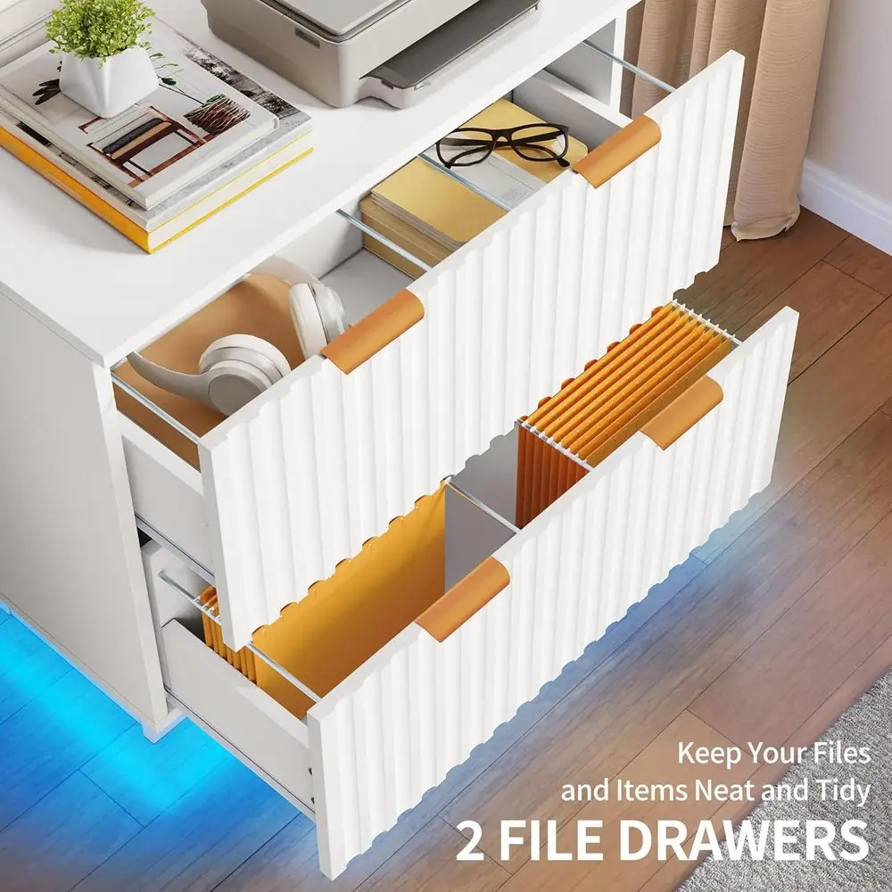 Contemporary White LED-lit 2-Drawer File Cabinet for Home Office Storage