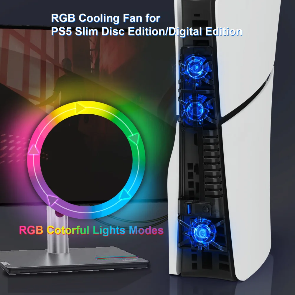 Ventilador de refrigeración para Sony PS5 Slim, sistema de refrigeración de alta eficiencia con luz RGB, puerto USB, 3 engranajes