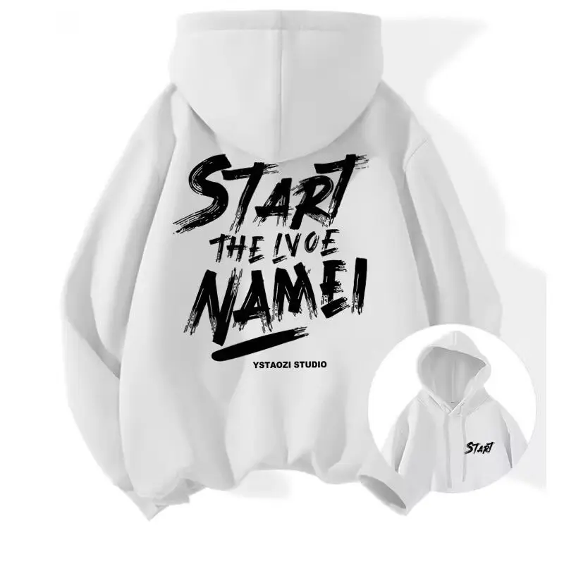 

White Ystaozi Studio Hoodie with Black Back Print Start The Love Name Text Chest Start Logo Kangaroo Pocket Fleece