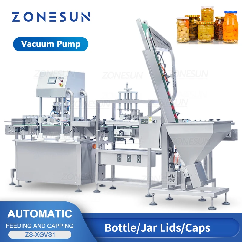 ZONESUN Automatic Vacuum Bottle Capping Machine Jar Capping Vacuum Bottle Closing Machine With Cap Feeder