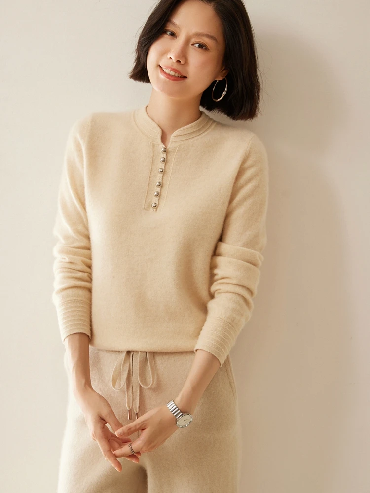 

Neo-Chinese Style Autumn Winter Women 100% Cashmere Sweater Round Button Base Pullover Female Grace Soft Knitwear Warm Tops