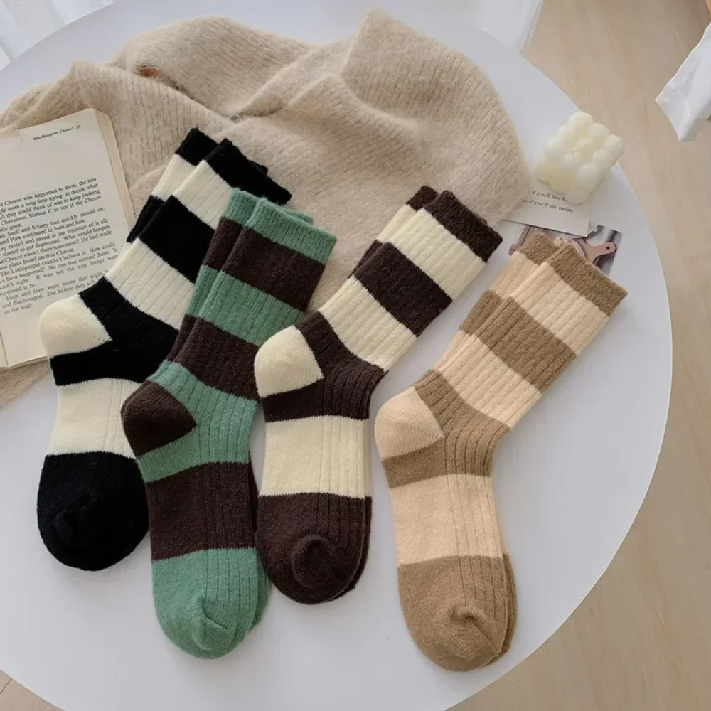 Women Korean Japanese Striped Cotton Socks Middle Tube Pile Sock Winter Thickened Insulation Wool Breathable Calcetines Mujer