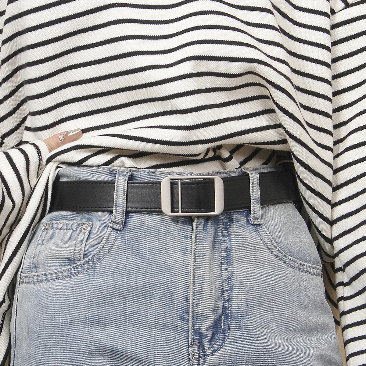 

Женский ремень, модный золотой пуговицы, неперфорированный, аутентичный, универсальный, из искусственной кожи для отдыха в сочетании с брюками, джинсовый ремень