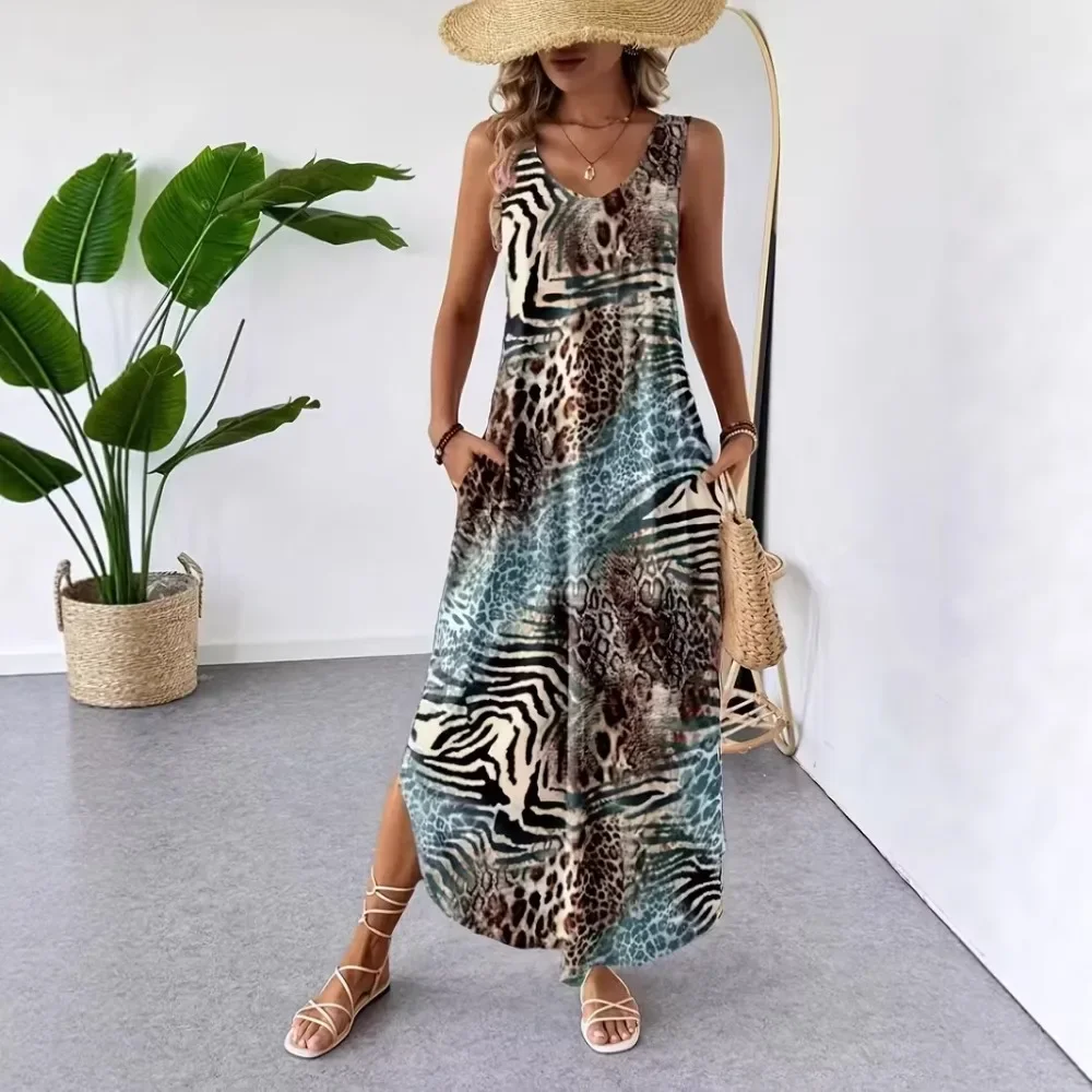 Women Summer Elegant Printed Sleeveless Tank Dress Side Slit Slim Fit Casual Midi Dresses