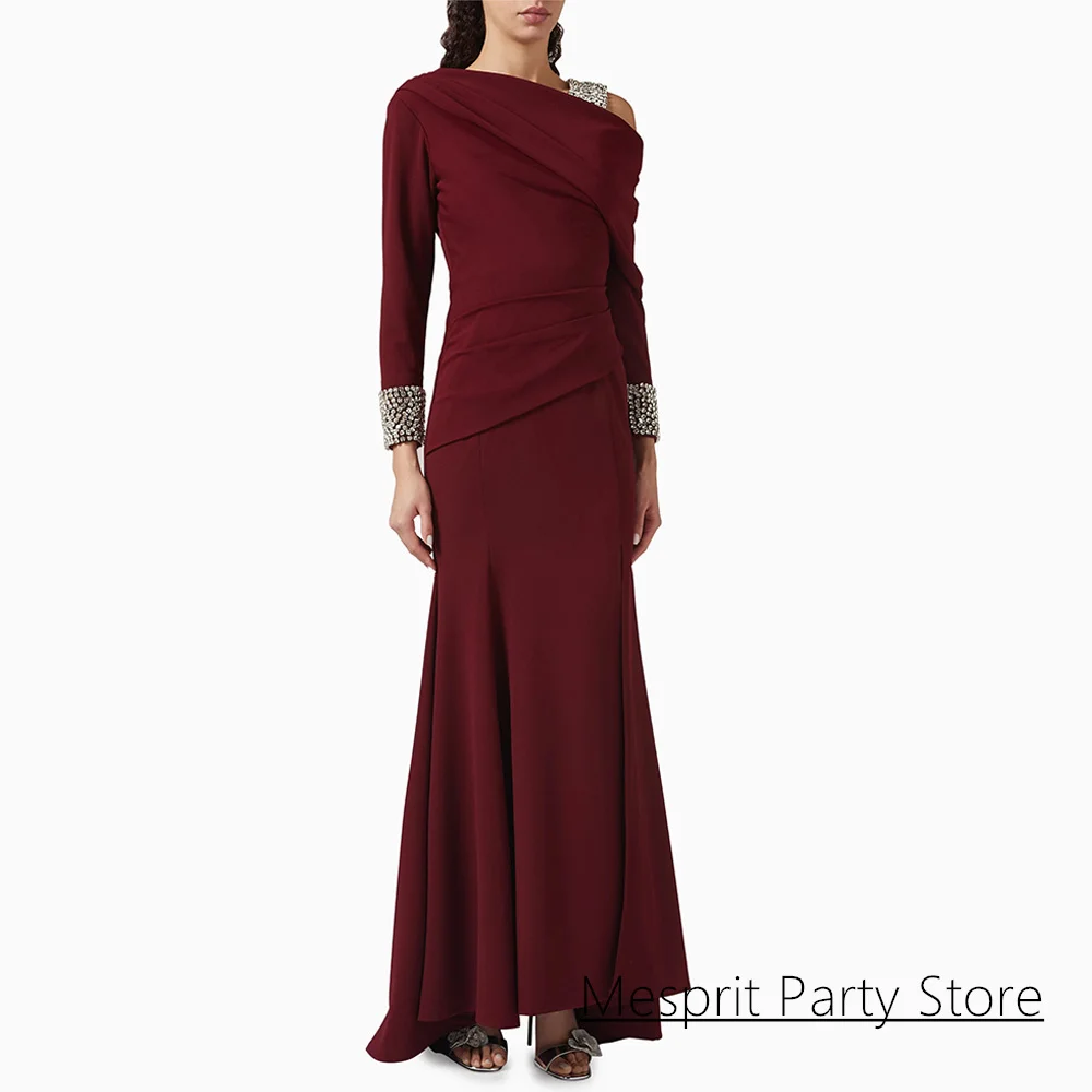 

Кристаллическое бордовое вечернее платье по индивидуальному заказу с длинными рукавами и стразами, со шлейфом, платье русалки для выпускного вечера с разрезом, арабские вечерние платья