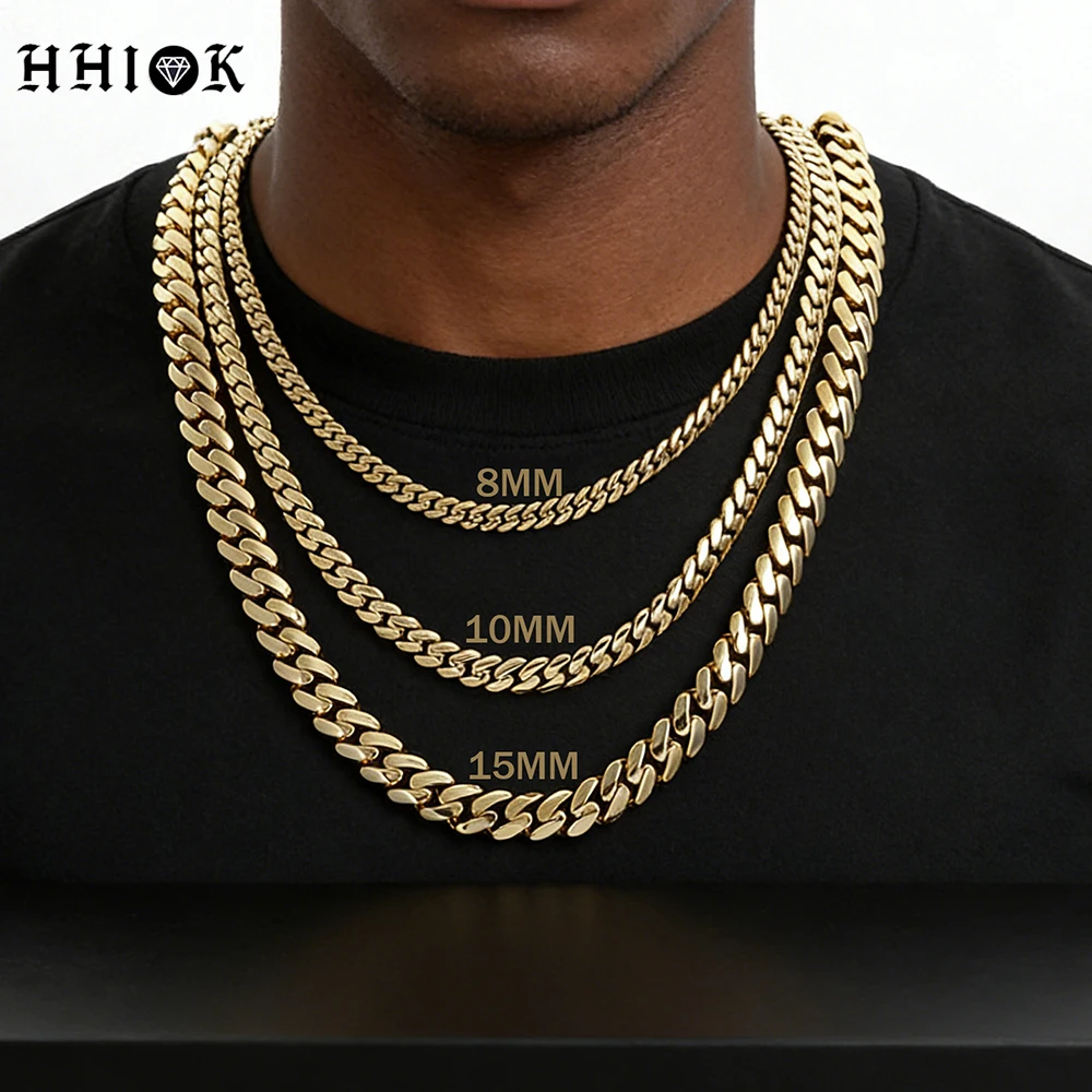 

HHIOK Jewelry Necklace Solid Brass 14K Plated Gold Chain Hip Hop Shining Zircon Buckle Miami Men and Women Christmas Gifts