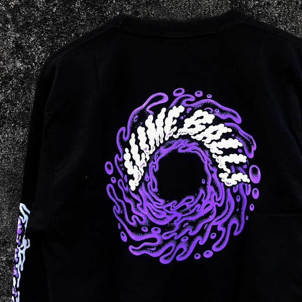 Y2K America Chicano Mexican Tattoo Graffiti Long Sleeve Purple Bubble English West Coast Dark Abstract Pattern Street Unisex Top