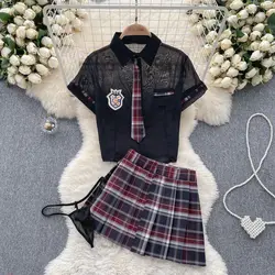 Preppy Chic Sweet Cute Women Uniform Set Transparent Short Sleeve Crop Top With Mini Pleated Plaid Skirt Cosplay Pajama Lingerie