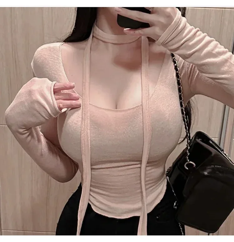 Koreanischer Stil U-Ausschnitt Band Slim Fit Transparentes Langarm Damen T-Shirt 2026 Herbst Figurbetontes T-Shirt Einzigartiges Design Crop Top – Detail 10