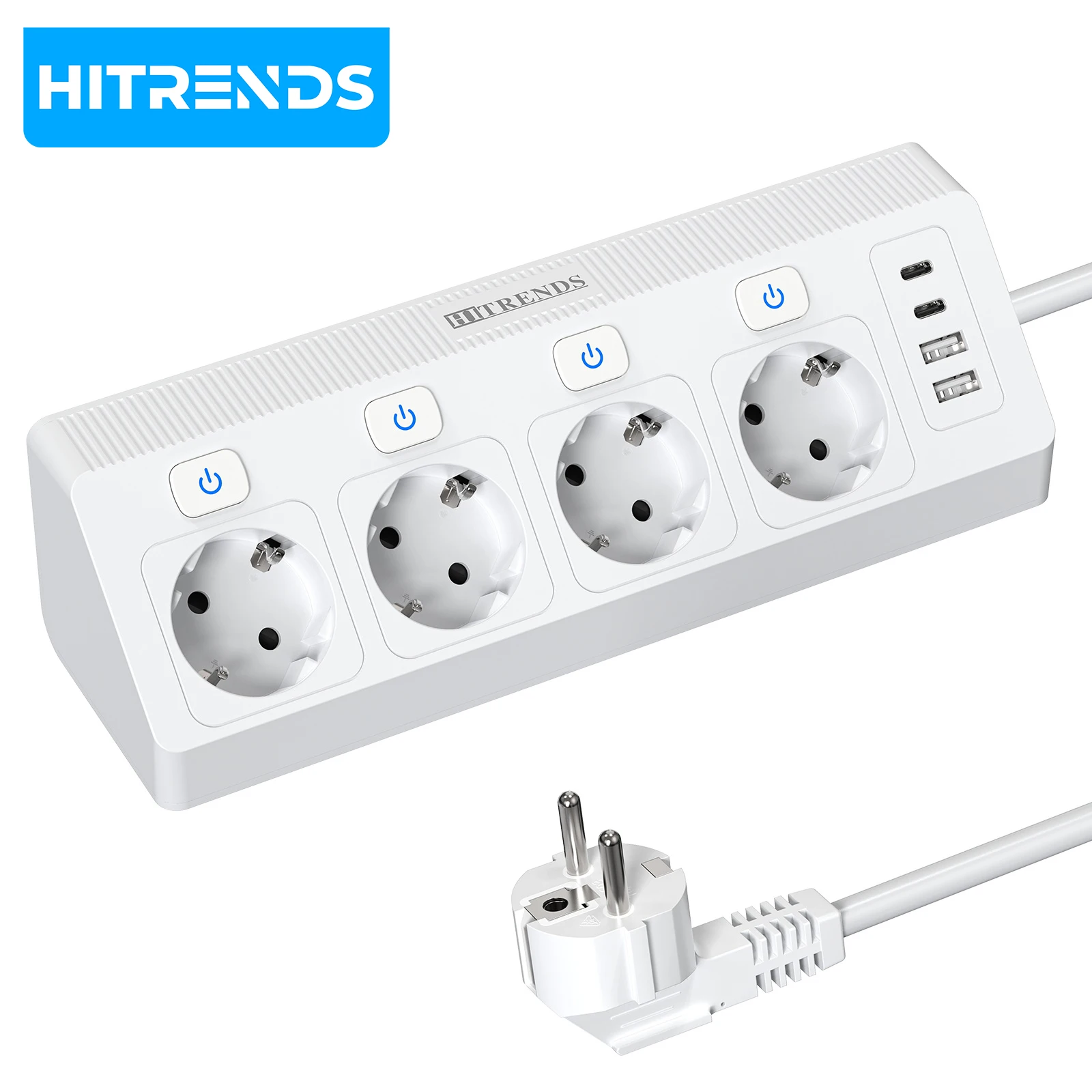 4 Way Corner Socket with 2 USB C and 2 USB A, EU Plug Power Strip Individually Switchable, Table Socket Multiple Plug, 2m Cable