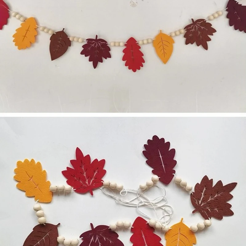 Fall Leaves Garland Autumn Wood Beads Maple Leaf Pumpkin Garland Thanksgiving Decor Home Birthday Party Decoration