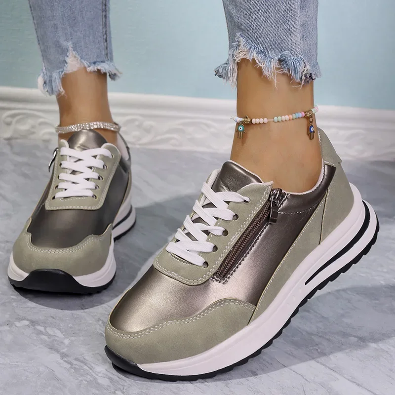 

Women's Sneakers Fashion Non Slip Plus Size Running Shoes New Lace Up Thick Bottom Sneakers for Women Zipper Platform Sneakers