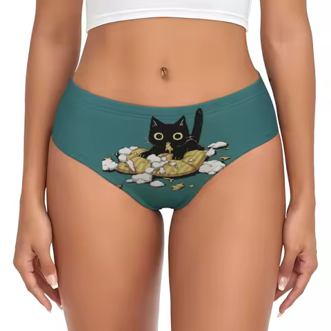 Custom Cute Black Cat Funny Wallpaper Brief Panties Women Breathable Stretch Underwear