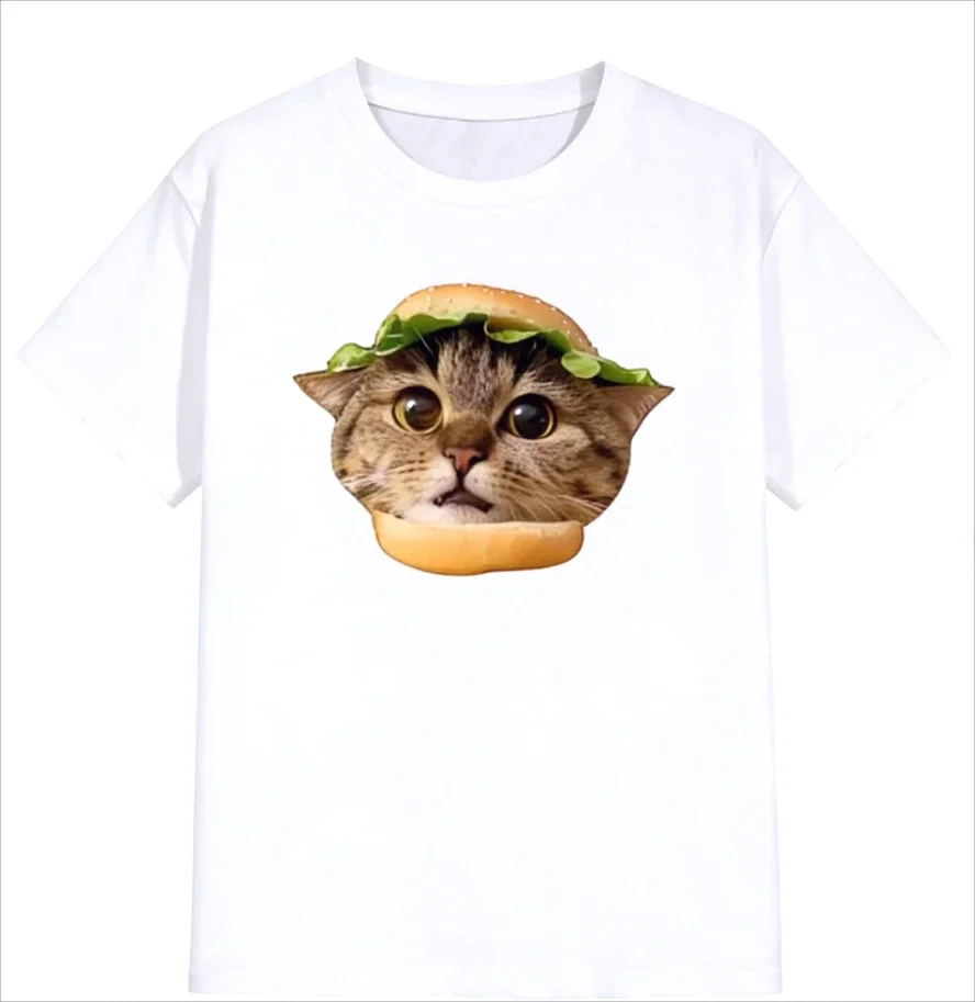 Women Cute Big Eye Burger  Shirt Cat in Burger Print Short Sleeve O Neck Casual Tops Black White Summer Vintage Daily Wear