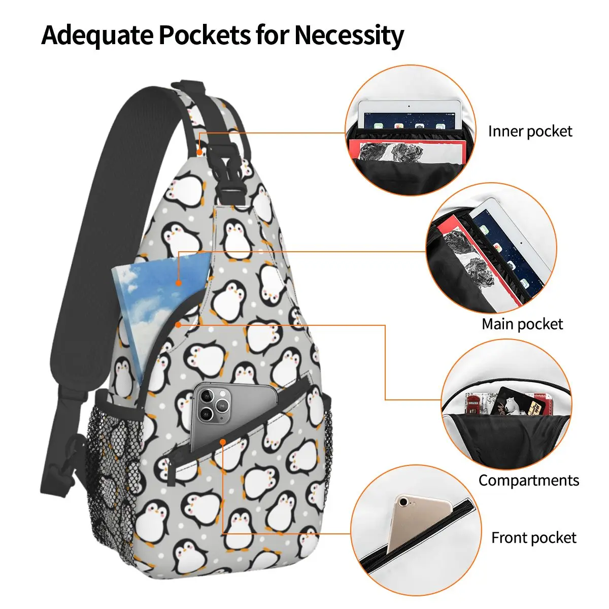 Cute Penguin Sling Bags Chest Crossbody Shoulder Backpack Outdoor Hiking Daypacks Cartoon Animal Casual Bags