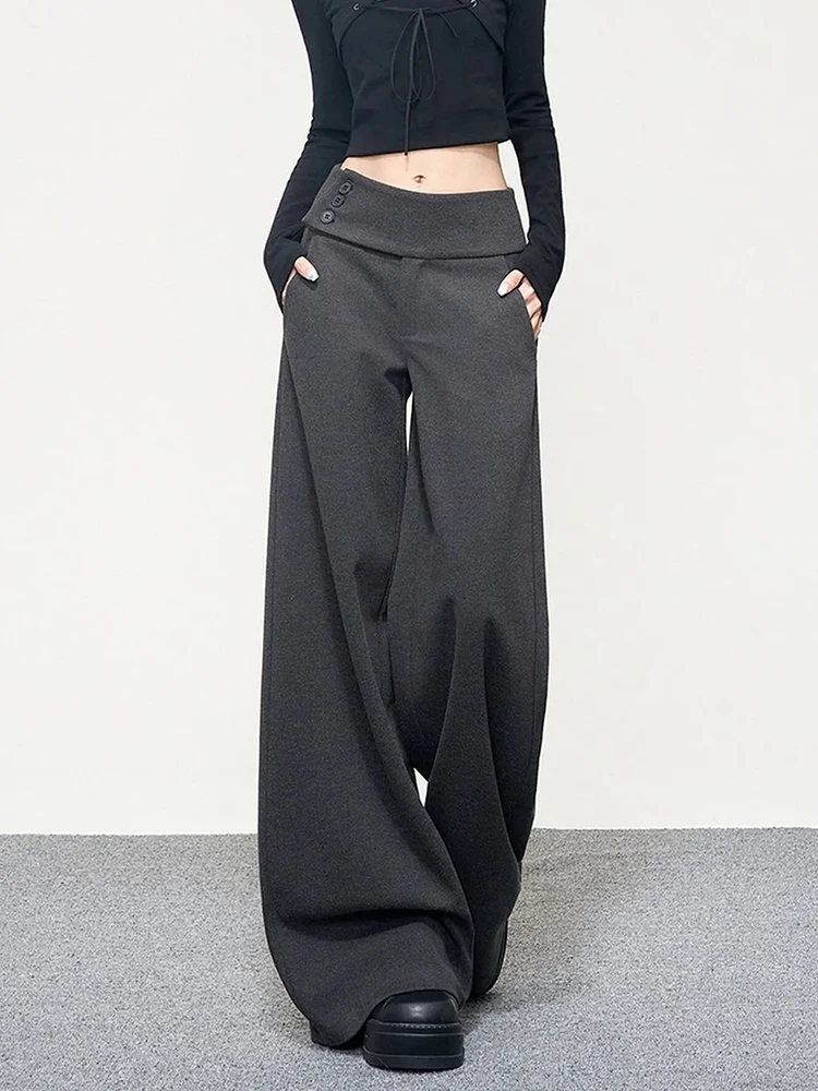 

Новые женские широкие брюки темно-серого цвета в корейском стиле, свободные офисные брюки на пуговицах с высокой талией, повседневные винтажные весенние брюки