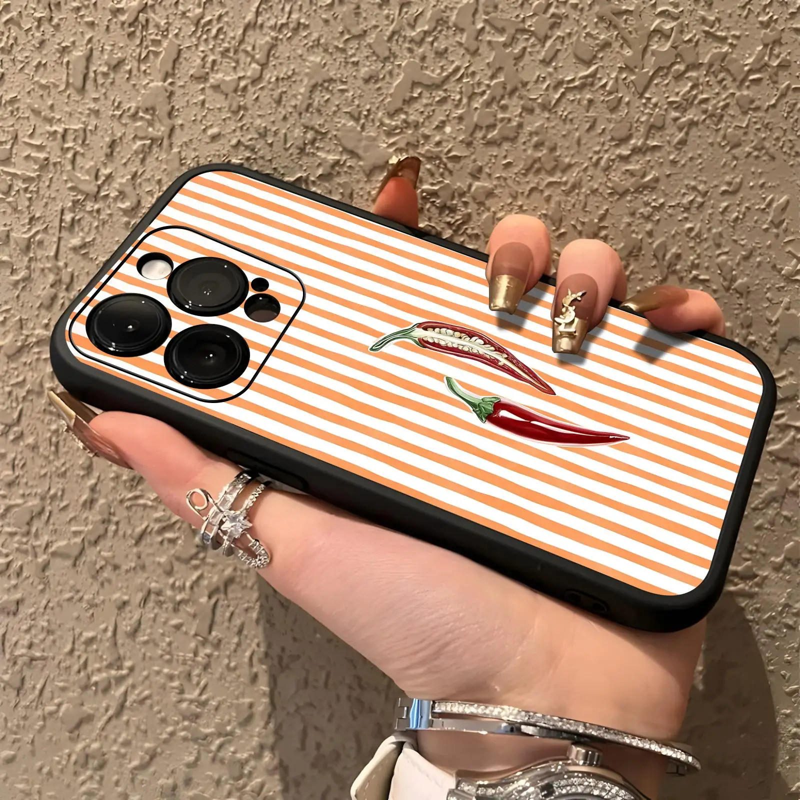 Funda Protectora Suave Negra Antigolpes con Diseño de Rayas Verticales de Color Sólido y Colección de Frutas Frescas para iPhone 17, 16, 16e, 15, 14, 13, 12 Plus, Mini, Pro, Max