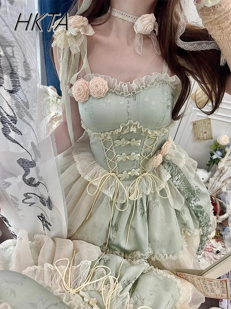 Grün Bambus Blatt Druck Neue Chinesische Ballett Elegante Fee Lolita Kleid Frauen Sommer Süße Prinzessin Geburtstag Kuchen Kleid Mädchen
