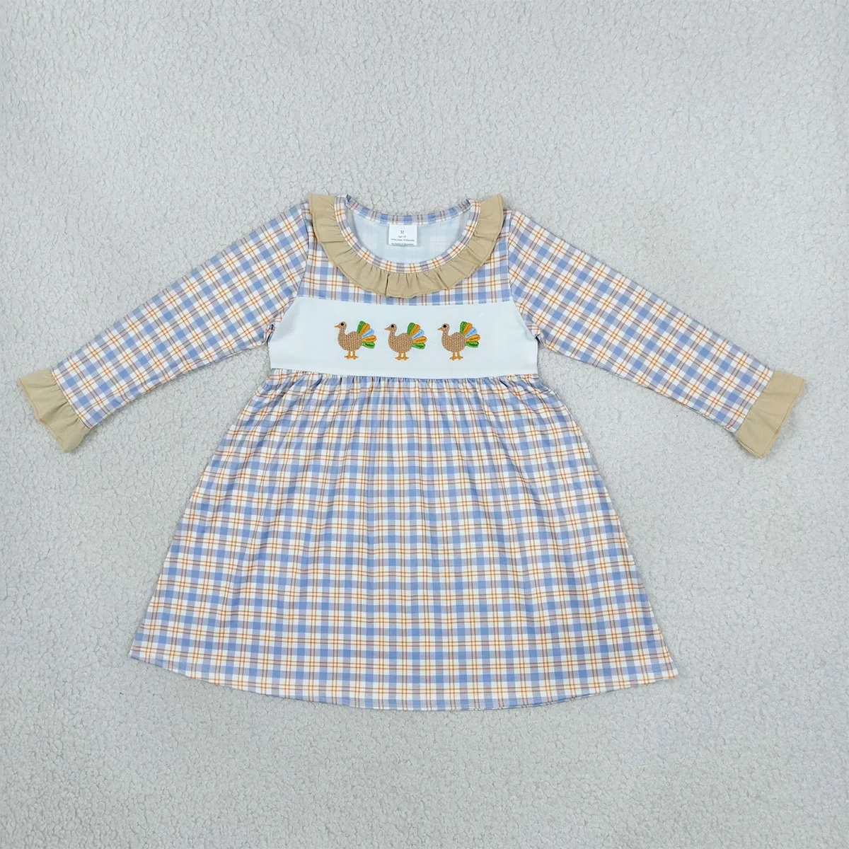 Baby Girl Clothes Boys Outfit Set Newborn Rompers Kids Embroidery Turkey Blue Checked Thanksgivings Knee Length Dress Sibling