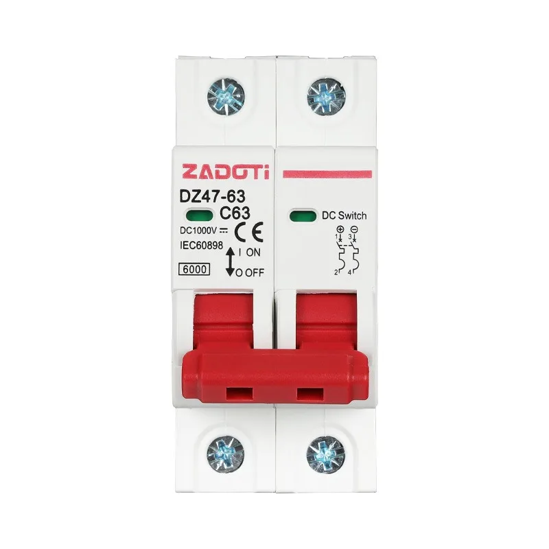 For DC 1000V Solar Mini Circuit Breaker Overload Protection Switch 10A/16A/20A/25A/32A/40A/63A 2P DC1000V Photovoltaic MCB PV