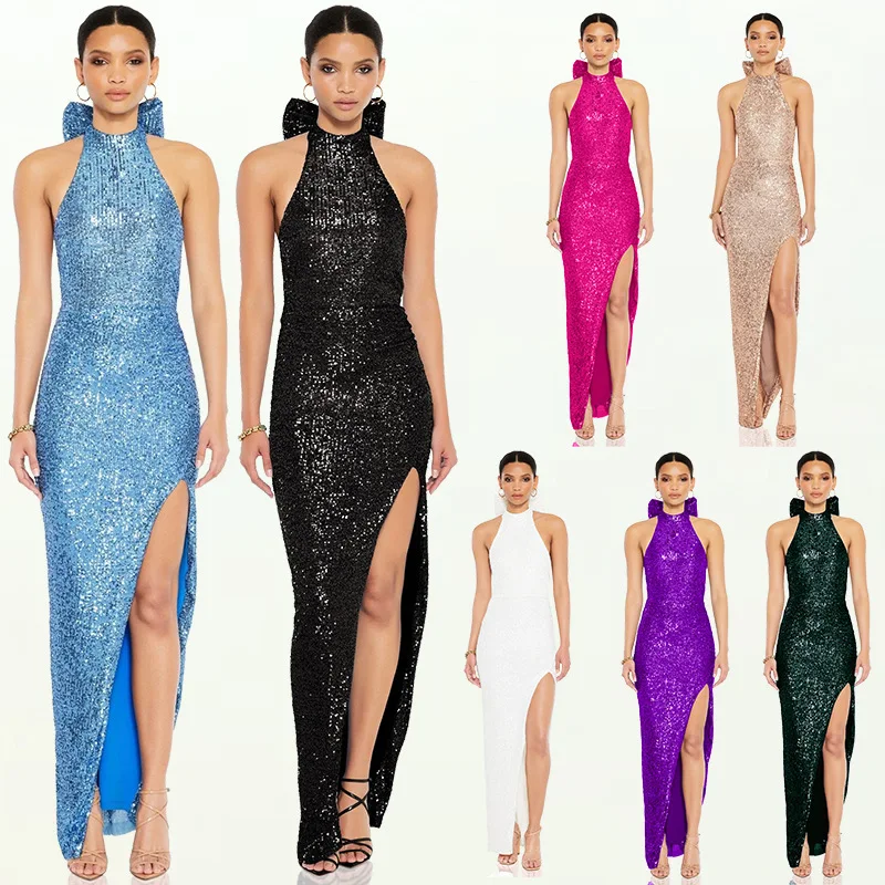 

2025 Elegant Sparkling Sequin Halter Big Bow Backless Long Dresses Women Sleeveless High Split Birthday Evening Wedding Vestidos
