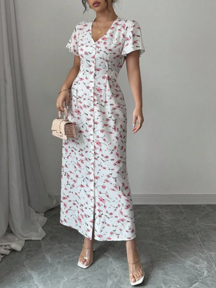 Summer New Style Advanced Feeling Dress Printing Design Short Sleeved Long Skirt Sweet V Neck Commute Waist Hugging Dress