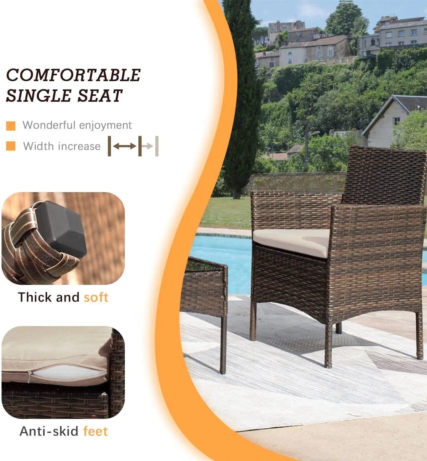 Amortecido PE Wicker Rattan Cadeiras Set, Mobília ao ar livre, Mesa de café, Pátio Set, Jardim Poolside Porch, Quintal, Gramado, Varanda, 4 Pcs