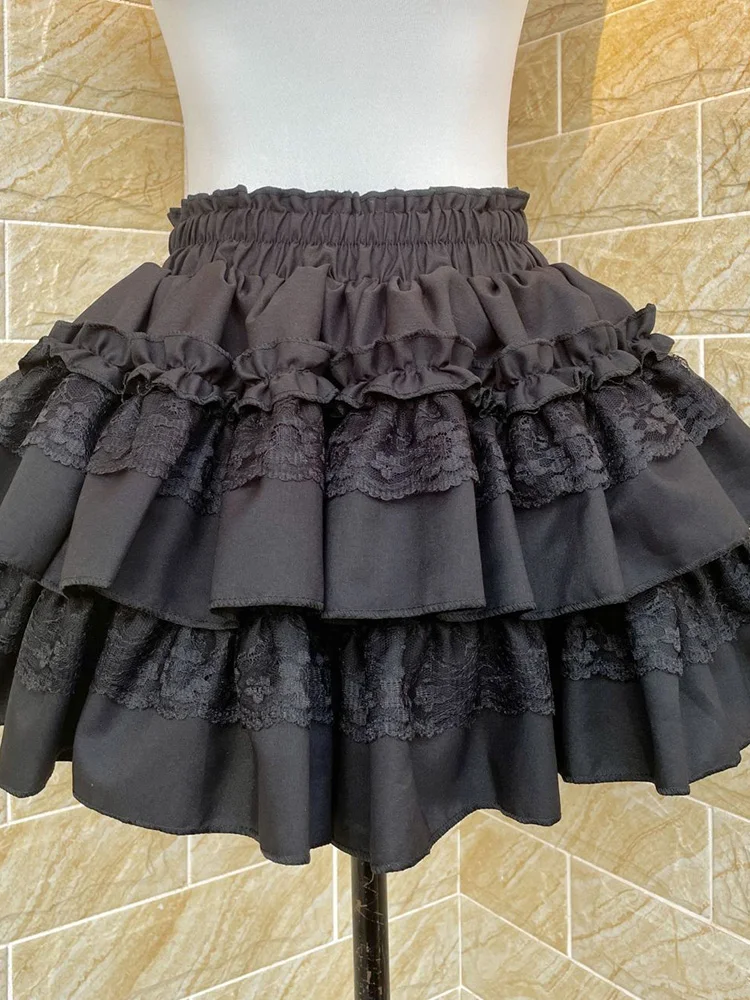 Sweet Black Cake Skirt Women High Waist Preppy Style Sexy Mini Skirts Summer Slim Lace Patchwork Female Vintage Ball Gown Skirt