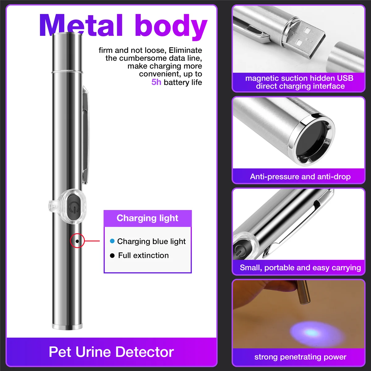 Portabel lampu kayu, lampu hitam UV untuk anjing peliharaan/, detektor cacing cincin kucing, detektor urin hewan peliharaan, dapat diisi ulang