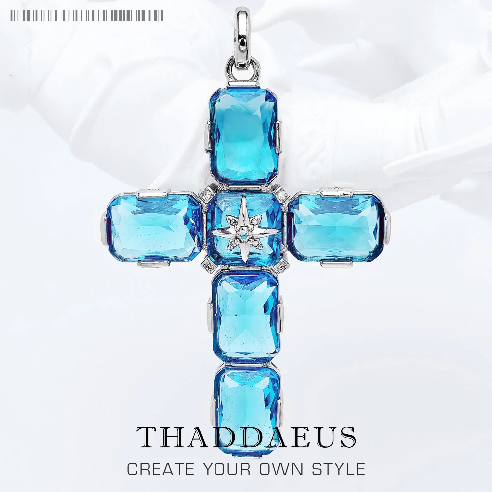 

Pendant Cross With Large Aquamarine-Coloured Stones And Star Brand New Fine Jewelry Europe 925 Sterling Silver Gift For Woman