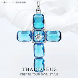 Pendant Cross With Large Aquamarine-Coloured Stones And Star Brand New Fine Jewelry Europe 925 Sterling Silver Gift For Woman