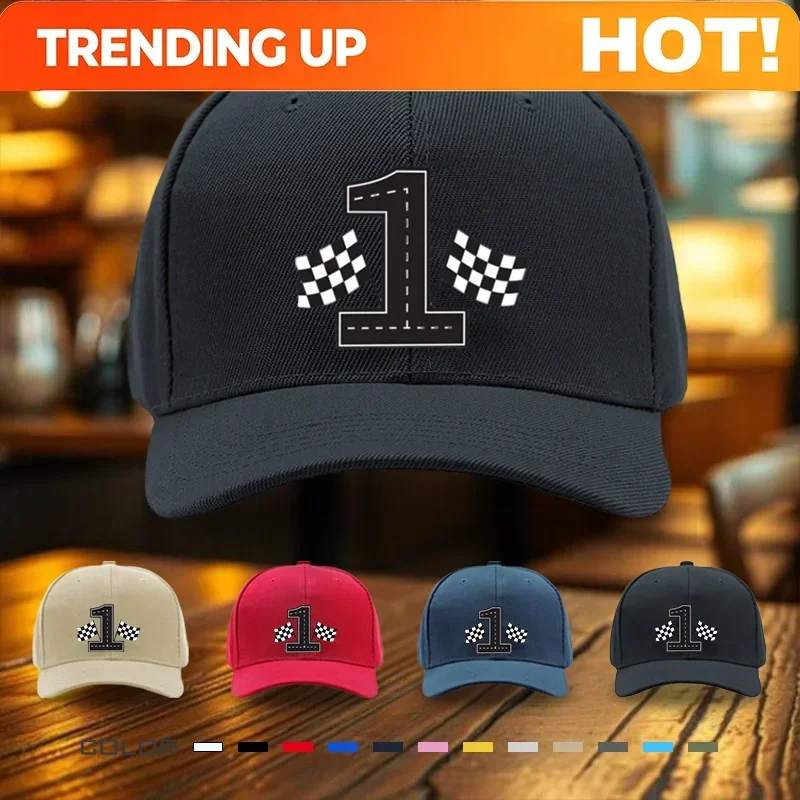 1pc Of New Baseball Cap Featuring A Digital Number 1 Racing Checkered Flag Print, Suitable For Both Men And Women. It Has An Adj
