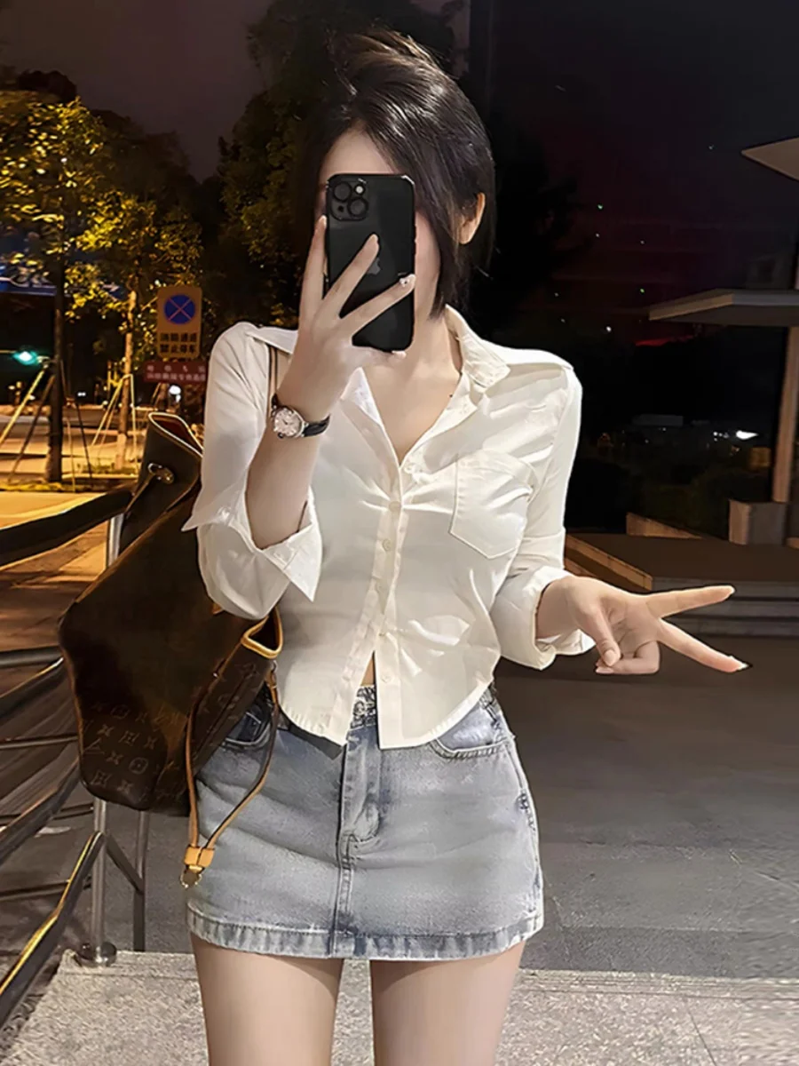 

White Winter Women's irt Design Sensation Small ence Waist Inward ort Top Pure JK Sle Collar Long Sve ort...