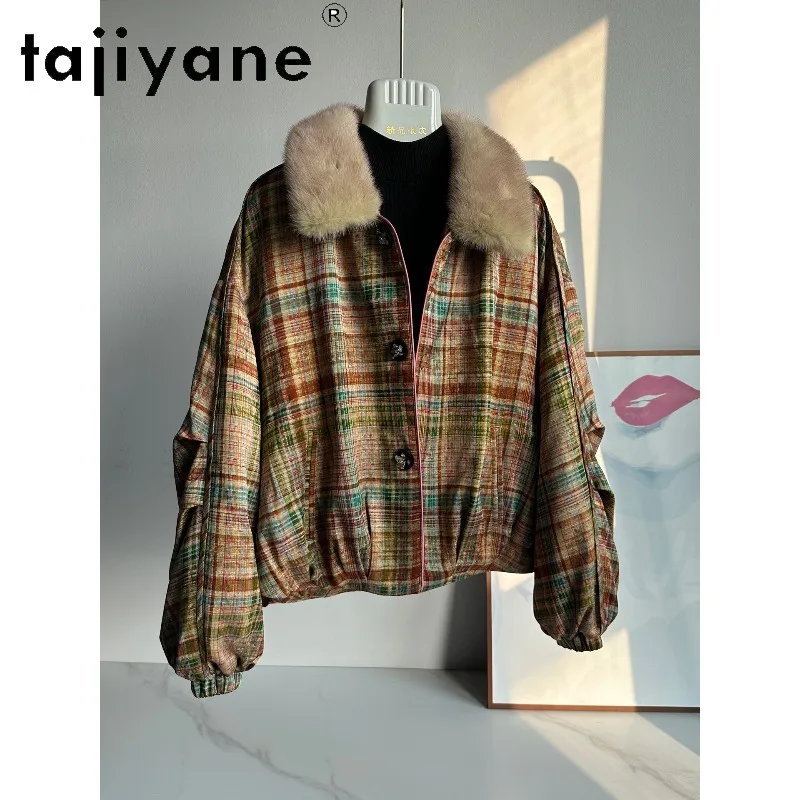 TAJIYANE Mink Fur Collar Goose Down Jacket Woman Short Plaid Puffer Jackets of Woman Stylish Thicken Winter Coat Woman Warm 패딩