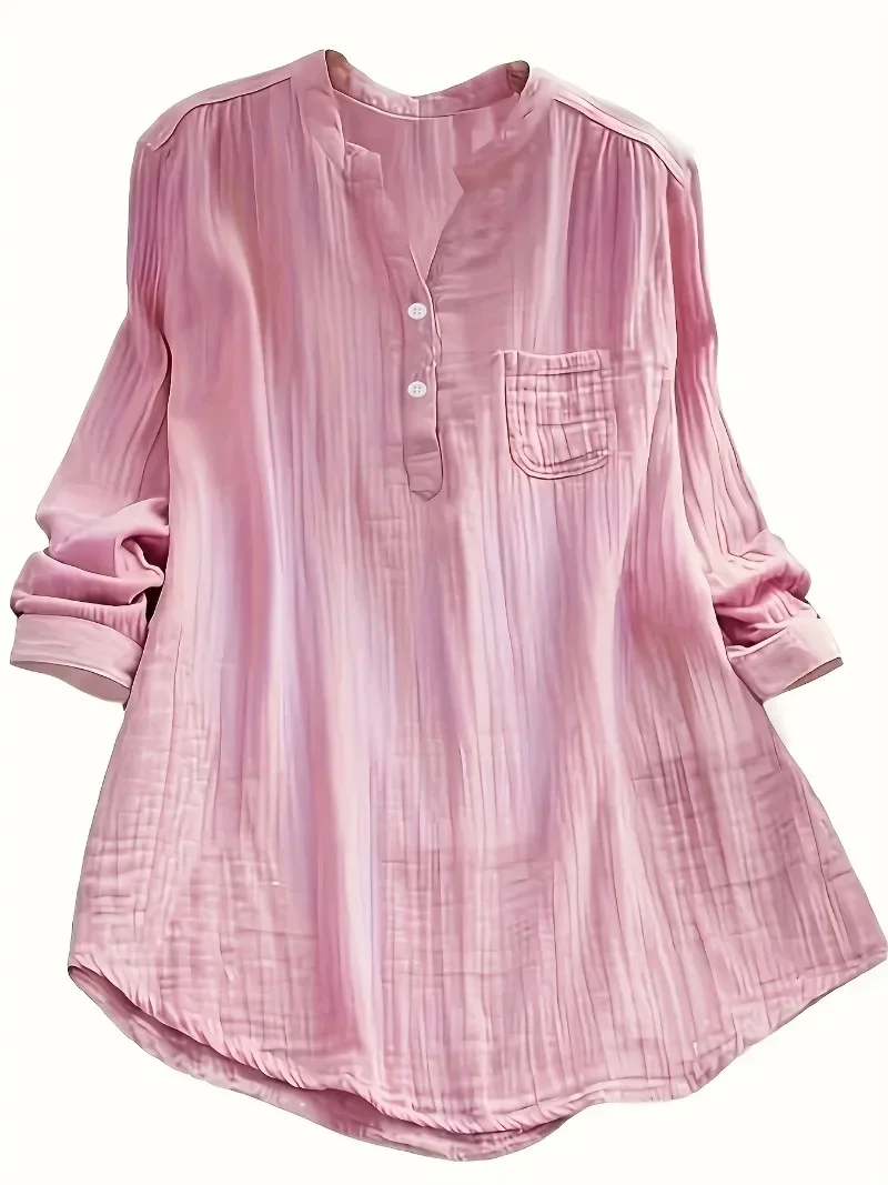 Plus Size 1XL-5XL Women's Casual Lapel Shirt Solid Color Long Sleeved Shirt Fashion Button Up Shirt image 2