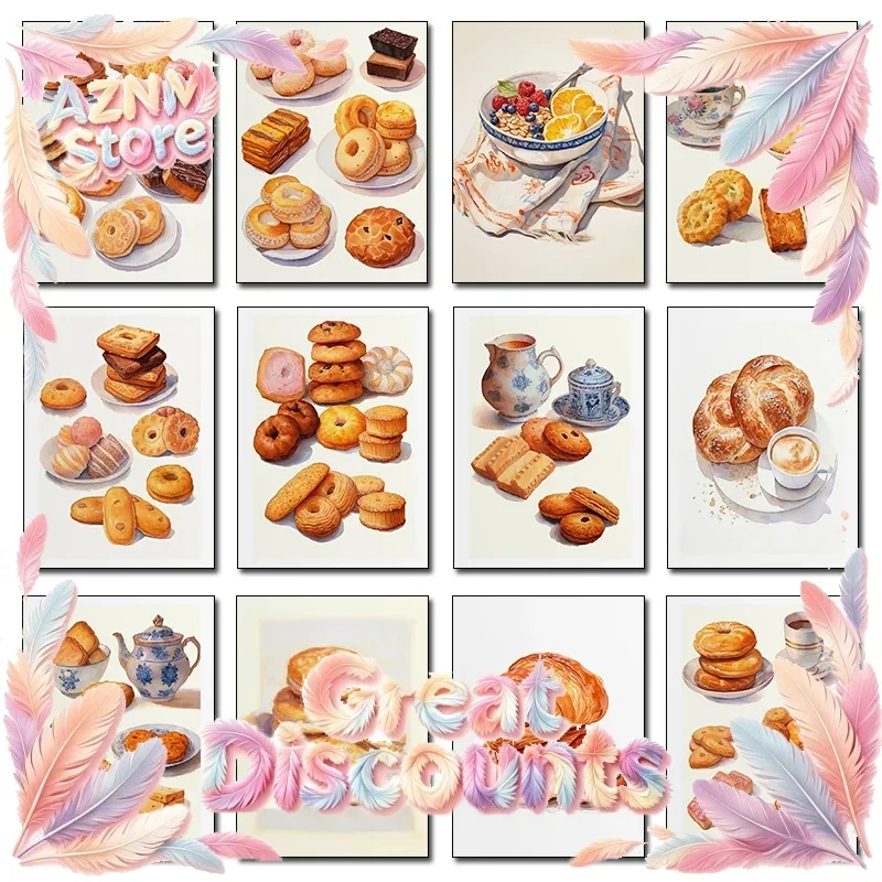 Cookies Watercolor Biscuits Coffee Cereal Bread French Pastry Poster Print Wall Art Pictures Canvas Painting Room Home Decor