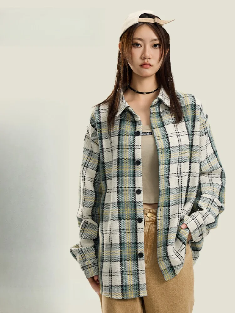 

Plaid Long Sve Men's irt American Sle Retro Spring Faion Small Fraance Wind Coat Couple's Outfit Casual Loose Fit