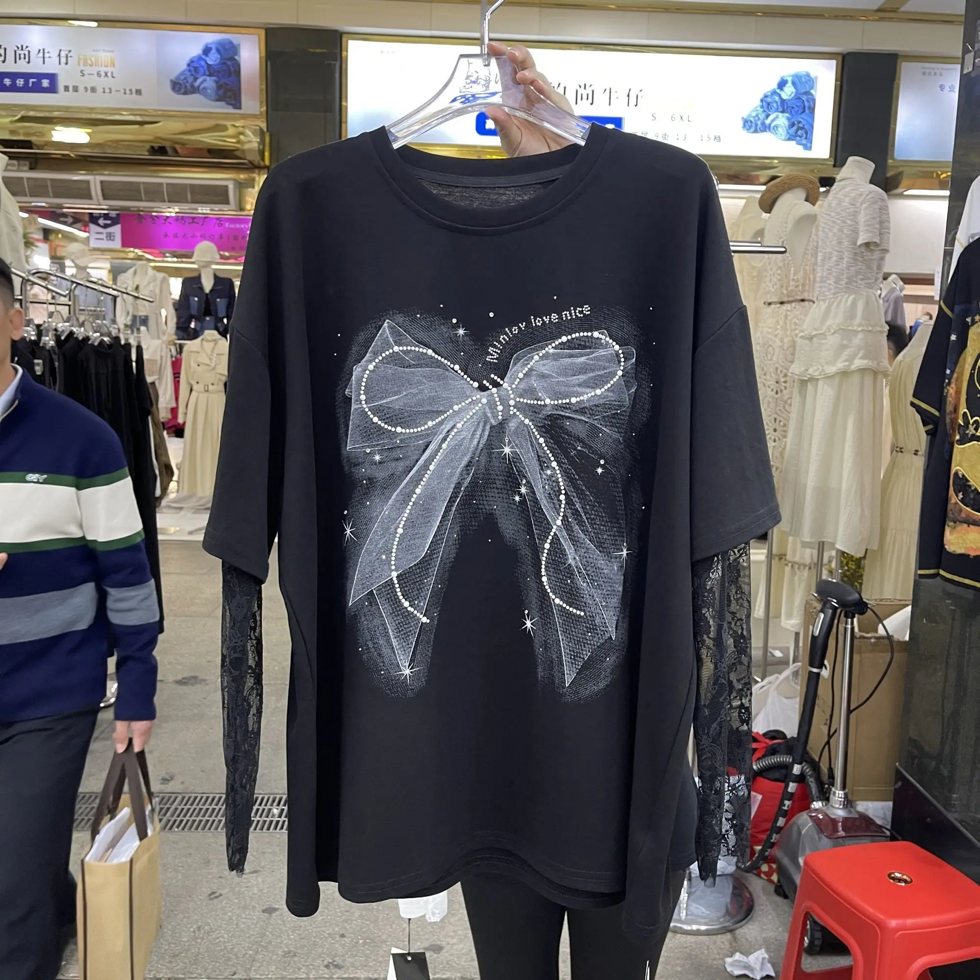 

Сетчатая кружевная футболка с длинными рукавами в стиле пэчворк со стразами и бантом, женская весна-лето, новый солнцезащитный топ из двух предметов, длинный топ средней длины