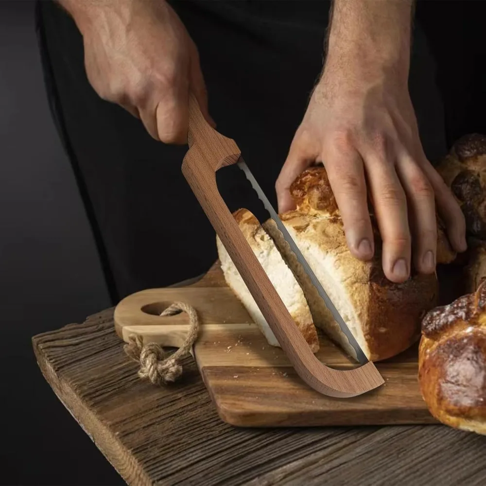 16" Wooden Sourdough Bread Knife with Bow Design, Premium Stainless Steel Serrated Saw Bread Cutter for Bagels, Baguettes and More - view 6