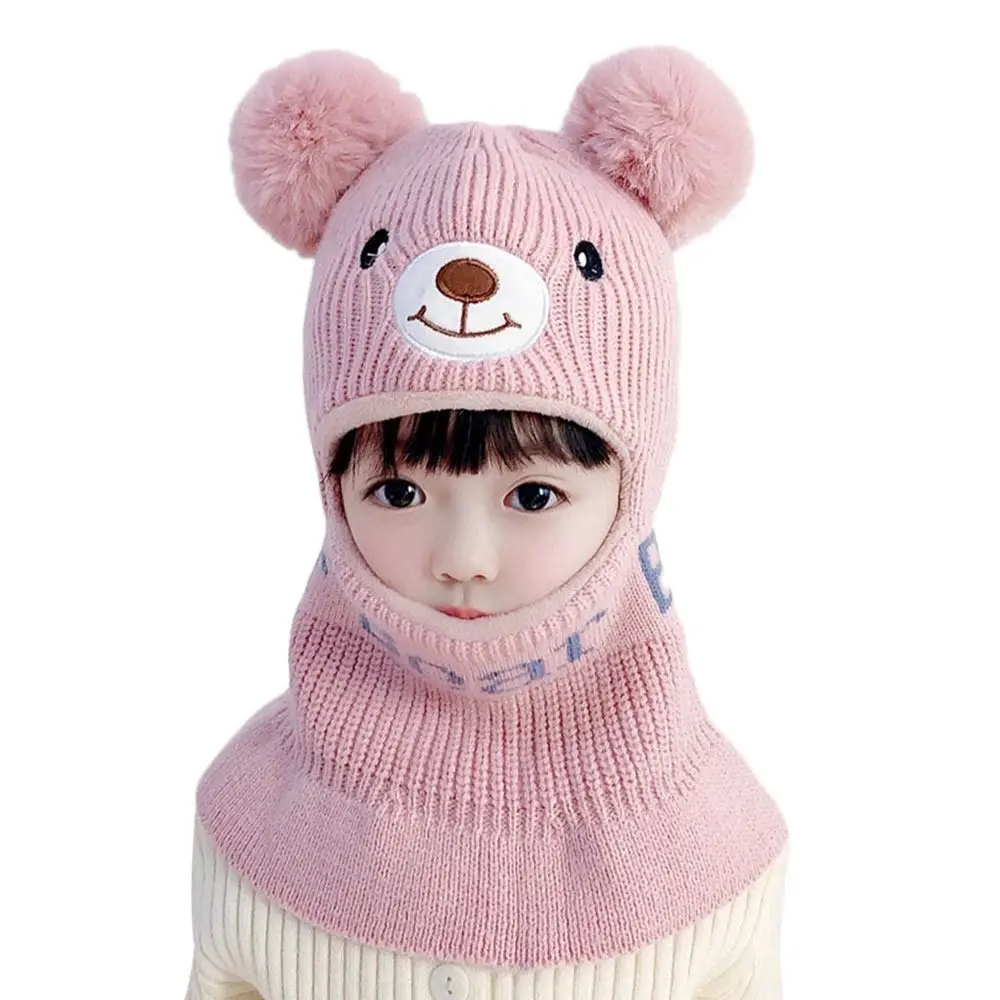 Cute Cartoon Kids Integrated Cap Scarf Knitted Thickening Beanie Hat Scarf Soft Casual Scarf Set Hooded Children